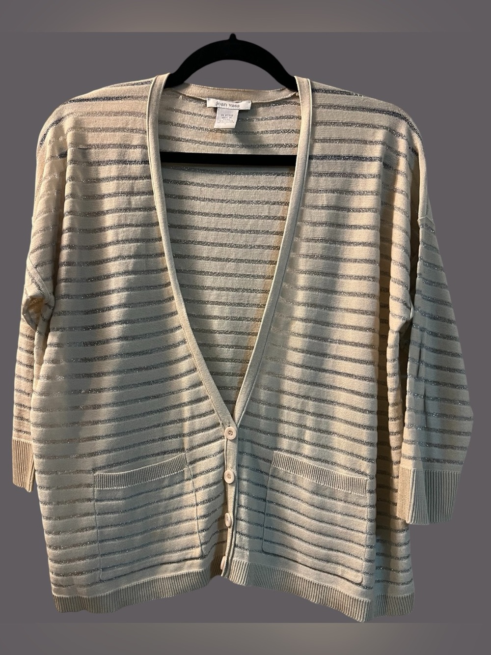 Joan Vass Cream Silver Metallic Stripe Light Cardigan